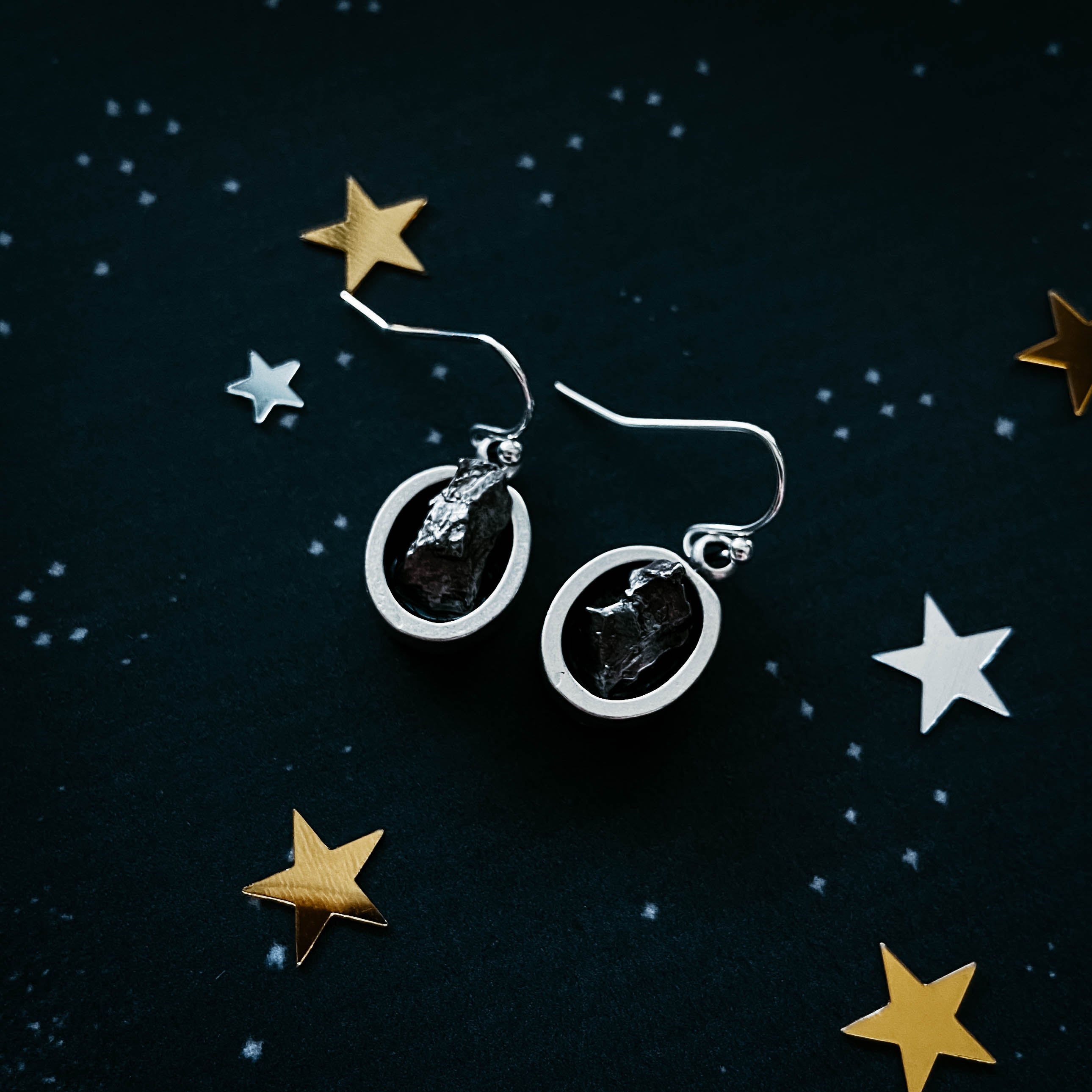 Oval Dangle Earrings with Raw Meteorite