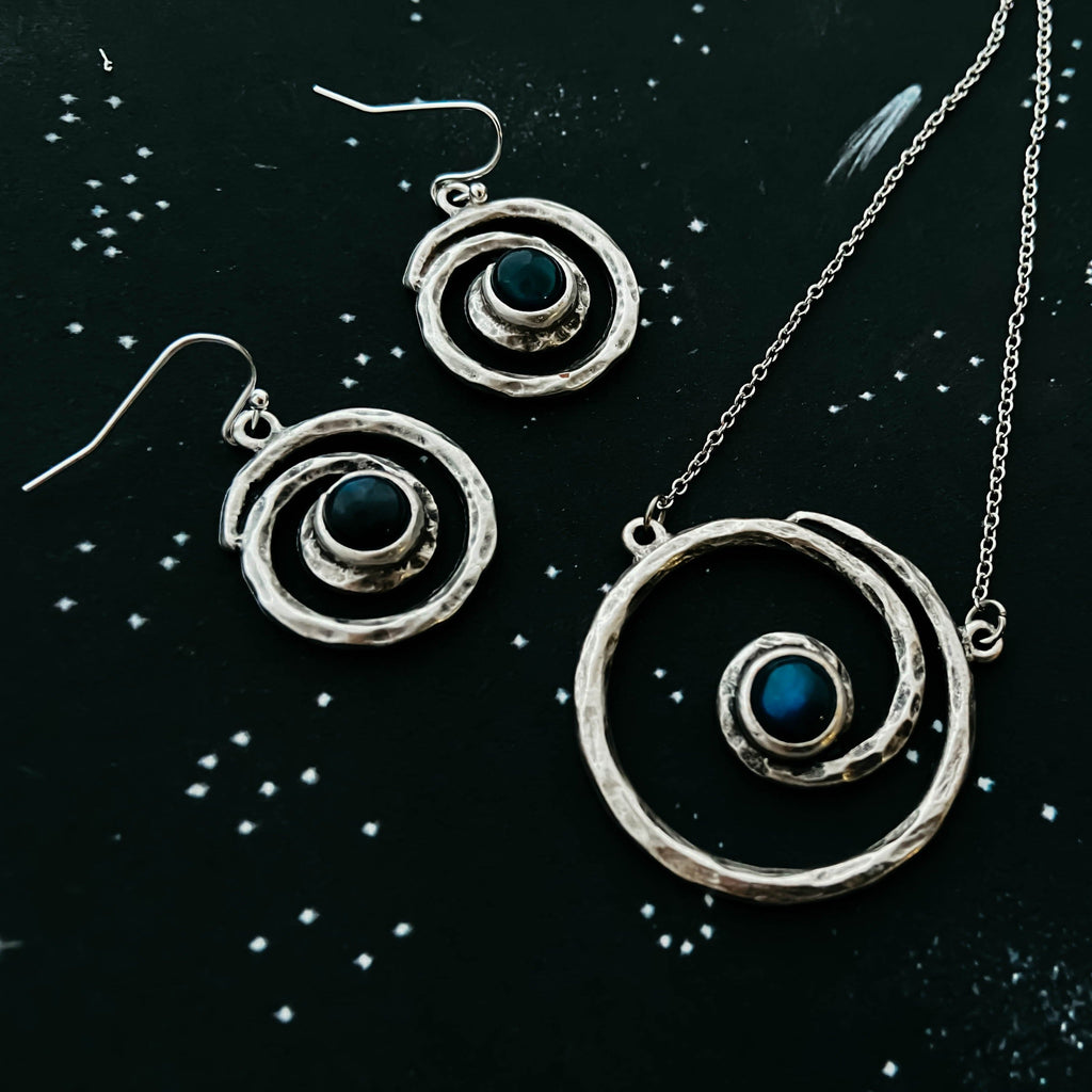 Milky Way Jewelry Set - Spiral Silver Necklace and Earrings with Labradorite
